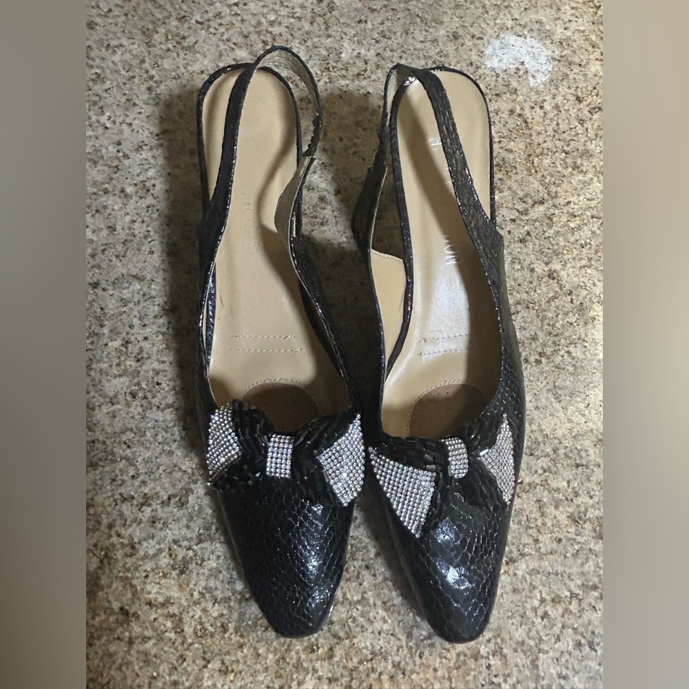 Whittall & Shon Embellished Bow Sling Back Black Silver Kitten Heels Size 12